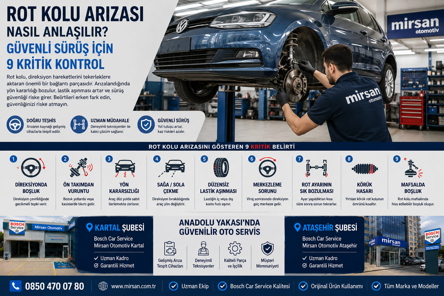 Rot kolu arızası belirtileri kontrolü yapılan otomobil ön düzen sistemi