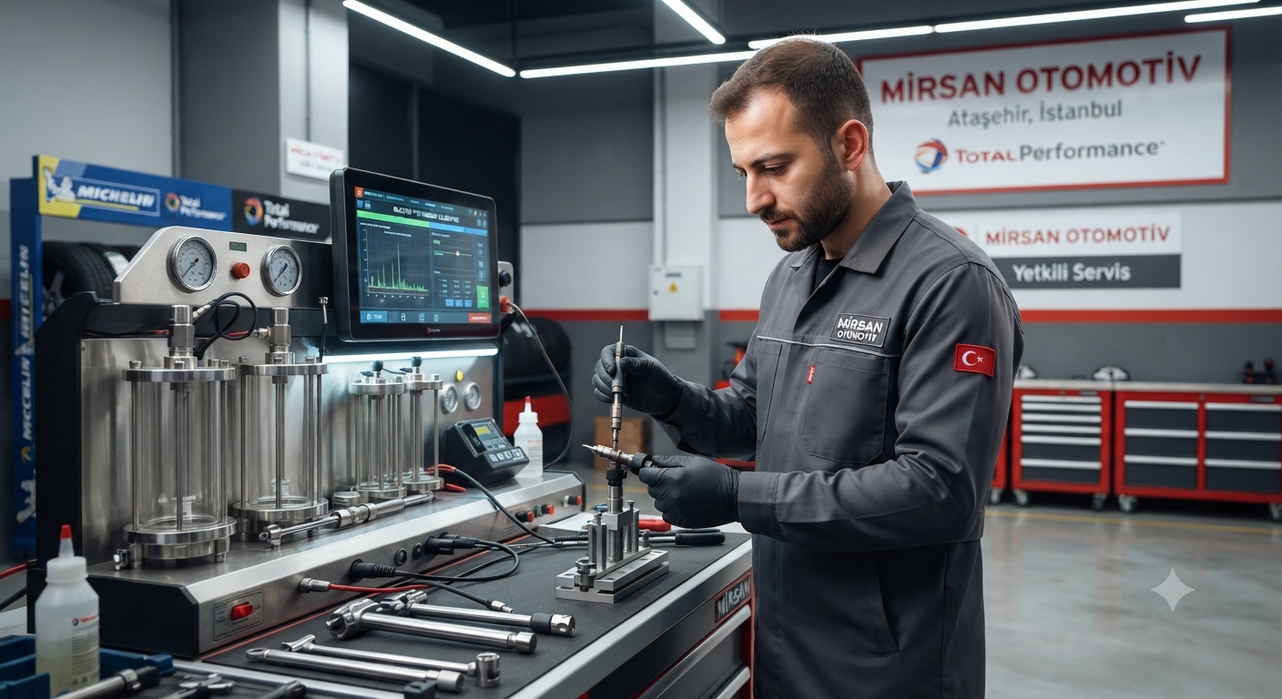 Mirsan Otomotiv Ataşehir servisindeki teknisyenin gelişmiş test cihazıyla yakıt enjektörü temizliği ve bakımı yapması