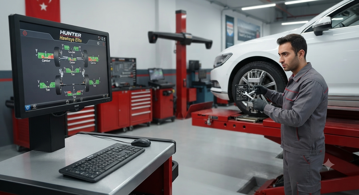 Mirsan Otomotiv Bosch Car Service teknisyeninin, rot balans ekran verileri eşliğinde araçta profesyonel ayar yaparken gösteren gerçekçi kompozisyon